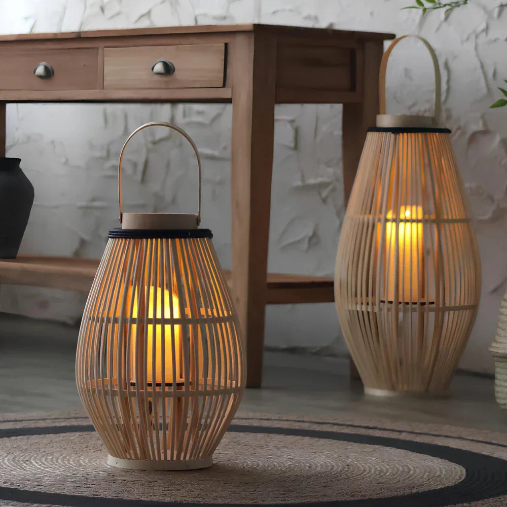 Aurora Handwoven Bamboo Lantern – Rustic Boho LED Light