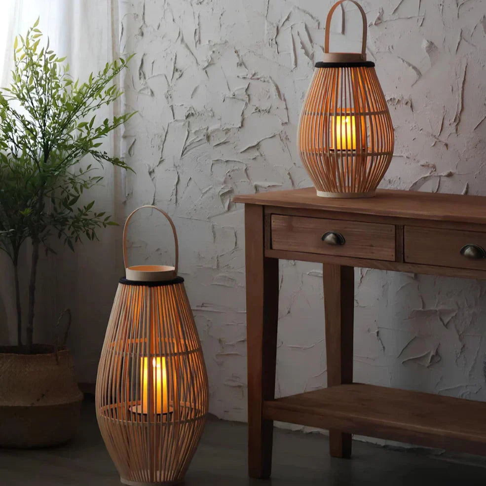 Aurora Handwoven Bamboo Lantern – Rustic Boho LED Light
