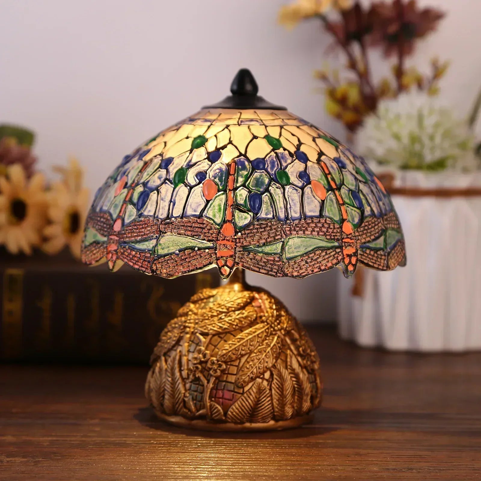 Vintage Stained Glass Table Lamp with Dragonfly Motif – Decorative Art Nouveau Lamp for Stylish Interiors